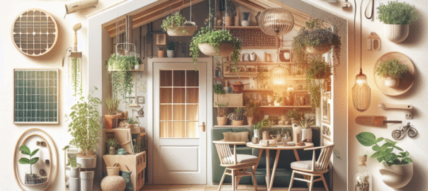 Een vrouw maakt een plantenbak van gerecycled hout, omringd door groene planten en duurzame materialen.