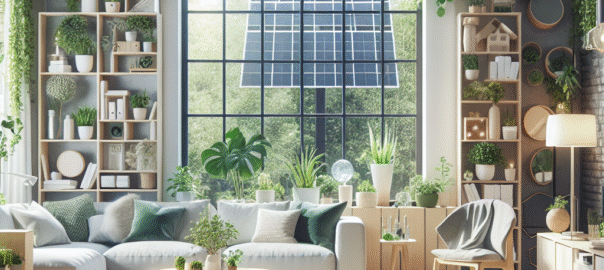 Moderne woonkamer met groene planten, natuurlijk licht en duurzame meubels die een inspirerende, eco-vriendelijke sfeer creë
