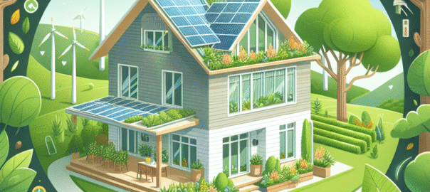 Groene woning met zonnepanelen en een tuin vol bloeiende planten, symboliseert duurzaam wonen voor bewuste huiseigenaren.