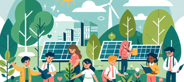Kinderen in een klaslokaal leren over duurzaamheid met planten, herbruikbare materialen en interactieve educatieve hulpmiddel