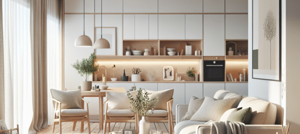 Een lichte, minimalistische woonkamer met duurzame meubels en planten, die eenvoud en harmonie uitstraalt.