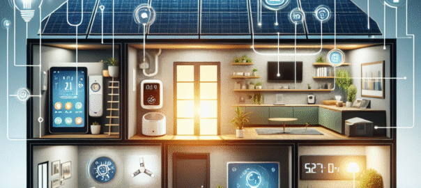 Een slimme thermostaat en zonnepanelen op een huis, symboliserend duurzame technologie voor een groener leven.