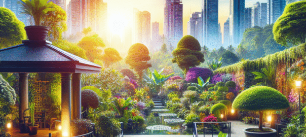 Een groene tuin met zonnepanelen, composthoop en diverse planten, die een eco-vriendelijk paradijs weerspiegelt.