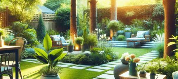 Een groene tuin met bloeiende planten, een composthoop en een regenwateropvangsysteem.