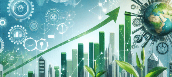 Groene stad met zonnepanelen, windmolens en mensen die duurzaam vervoer gebruiken, symboliseert duurzame economische groei.