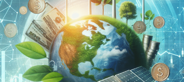Groene energiebronnen zoals windmolens en zonnepanelen met een blauwe lucht op de achtergrond, symboliseren duurzaam financie