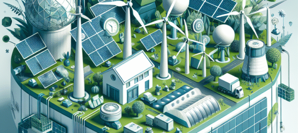 Groene energiebronnen zoals wind- en zonne-energie met een heldere lucht en een zonsondergang op de achtergrond.