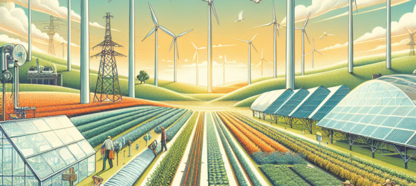 Boeren die duurzame landbouwtechnieken toepassen in een groene, bloeiende veldomgeving.
