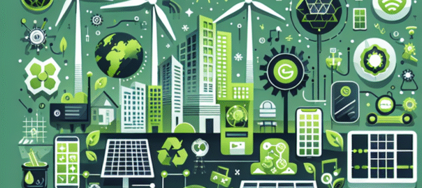 Groene stad met zonnepanelen, windturbines en mensen die duurzame technologieën gebruiken in een zonnige omgeving.