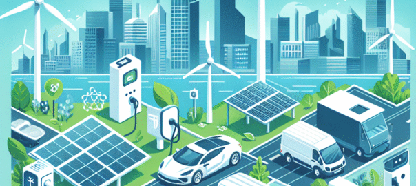 Een elektrische vrachtwagen laadt duurzame goederen bij een moderne laadstation in een groene stedelijke omgeving.