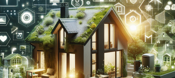Groene bouwmaterialen zoals bamboe en gerecycled hout in een moderne, duurzame woning.