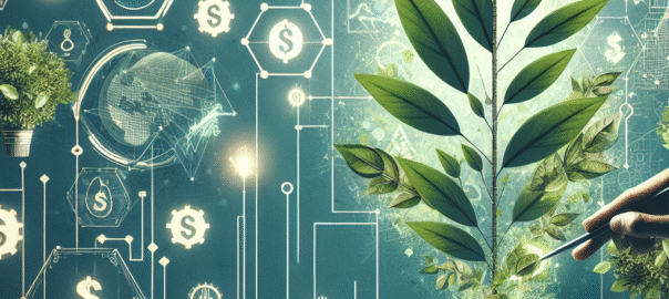 Een hand die een groene plant vasthoudt, met op de achtergrond financiële grafieken en symbolen van duurzaamheid.