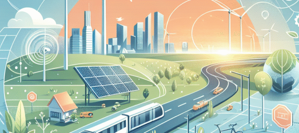 Groene elektrische voertuigen rijden op een duurzame weg omringd door natuur, symboliserend toekomstgerichte mobiliteit.