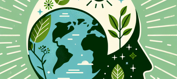 Groene stad met mensen die samen aan duurzame initiatieven werken, zoals tuinieren en recyclen, onder een heldere lucht.