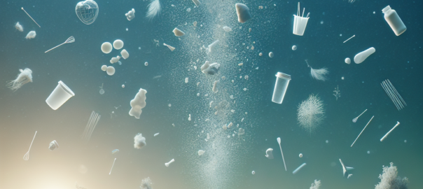 Een close-up van microplastics in water, omgeven door vissen en plantaardig leven, symboliseert milieuschade.